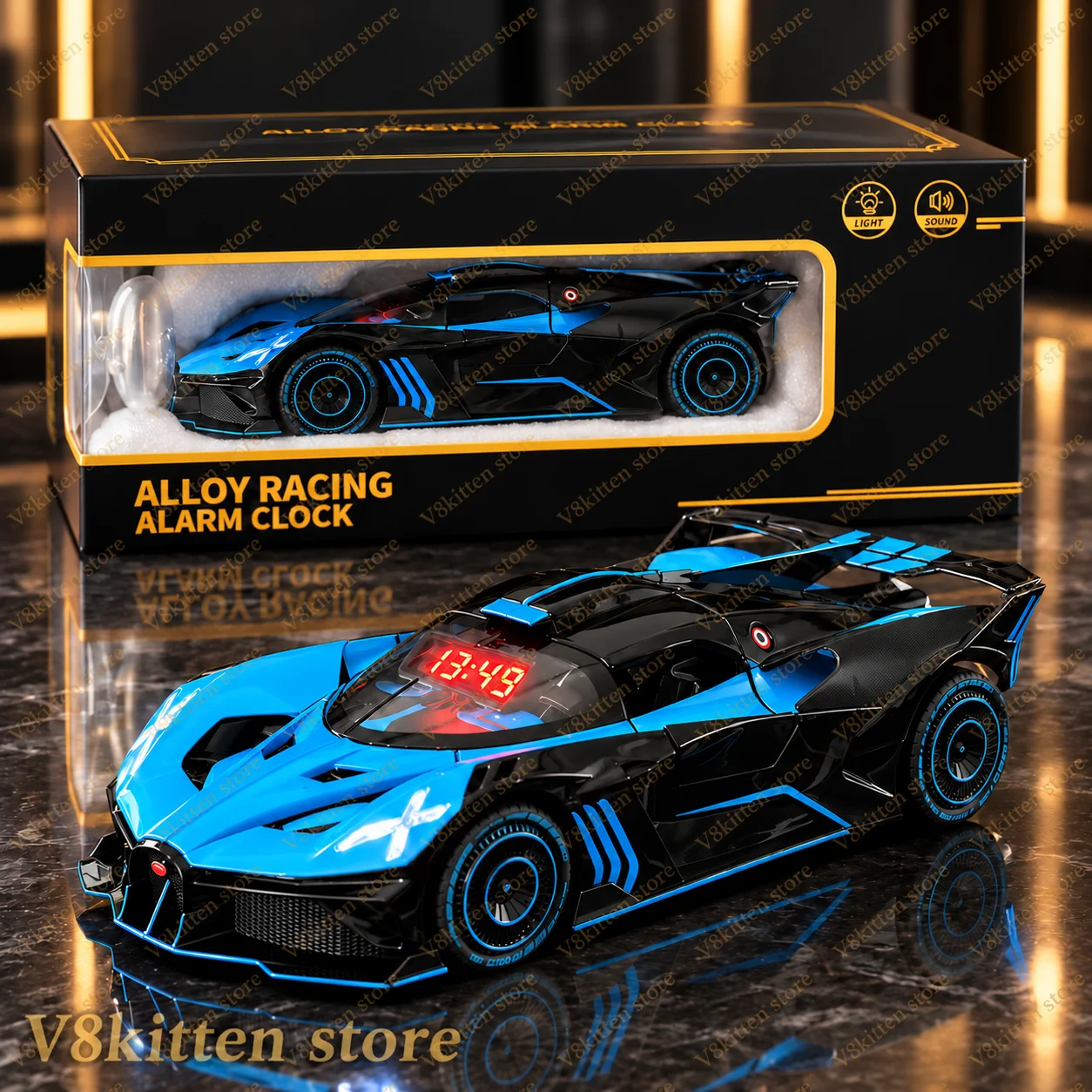 Simulated Sports Car Alarm Clock with Engine Roar Sound, LED Lights, Exhaust Mist Spray, Rechargeable Supercar Model Desk Decor