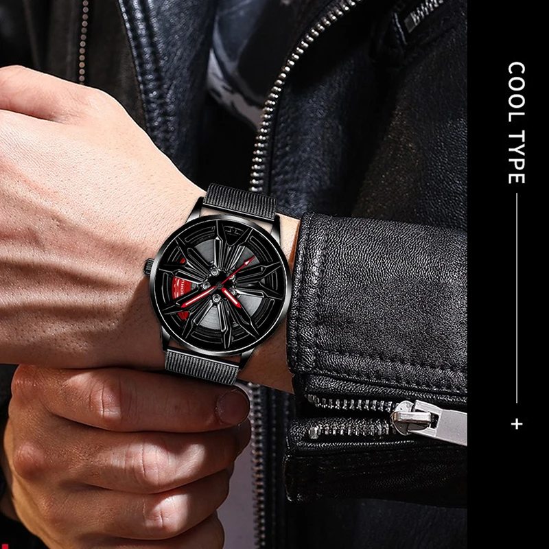 BORUSE Fashion Mens Car Wheel Watches Mesh Belt Waterproof Watch Men Quartz Wristwatch Luminous Clock relogio masculino