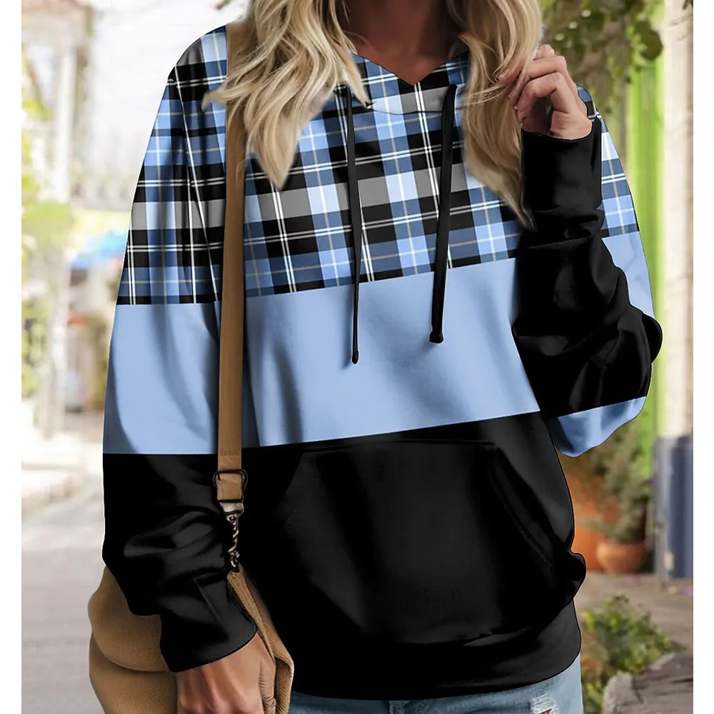 Women's Sweater Hoodies Sweatshirts Retro Trendy Checkered Color Blocked Street Long Sleeve Pullovers Autumn Woman Clothes