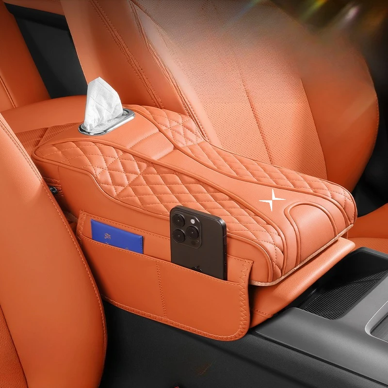 Suitable Polestar 2/3/4 Center Console Armrest Riser Pad – Premium Leather Organizer With Built-in Tissue Holder & Storage Pocke