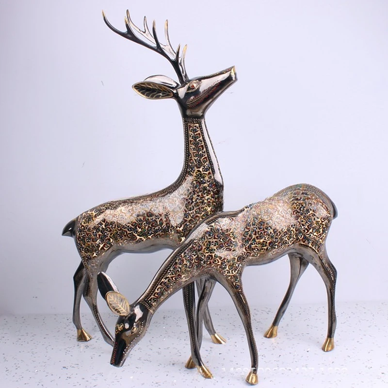 Bronze hand-carved copper sika deer antique copper living room entrance art decoration couple pair deer