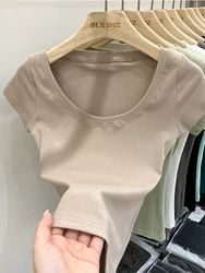 Sexy Square Collar Slim T Shirt Women Cotton Elastic Basic Solid Female Casual Tops Short Sleeve Thin T-shirts See Through