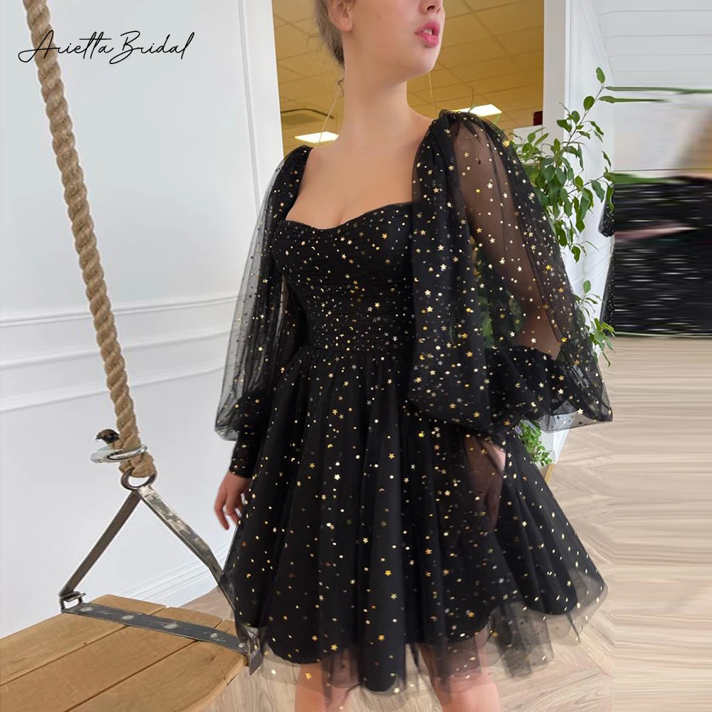 

Arietta Glitter Black Starry Tulle Mini Prom Dresses Sheer Long Sleeves A-Line Short Party Gowns Above Knee Graduation Dresses