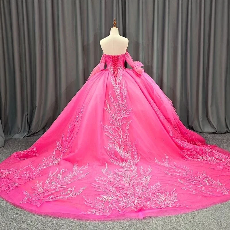 Rose Red Sweetheart Shiny Quinceanera Dress Ball Gown Sweet 16 Dress Sequin Appliques Lace Beads Wedding Gowns Long Sweep Train