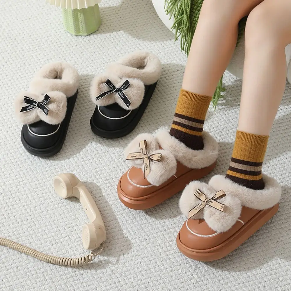 

Comfort Waterproof Bows Cotton Slipper Thick Soled Lightweight Warm Home Shoes Anti Slip Flexible Cute Furry Slippers Women