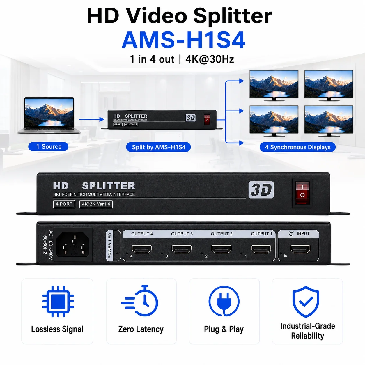 

AMS-H1S4 HD Splitter 4K30HZ 1 In 4 Out Support AV Sync Transmission Multi-Device Compatible Plug and Play 4 Screens