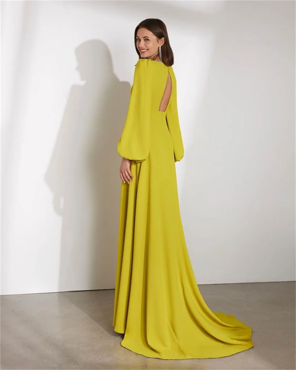 Cathy Yellow Chiffon V-neck Cut-out Prom Dress Elegant Long Sleeves Party Dresses A-line Floor-length Vestidos De Noche 2024