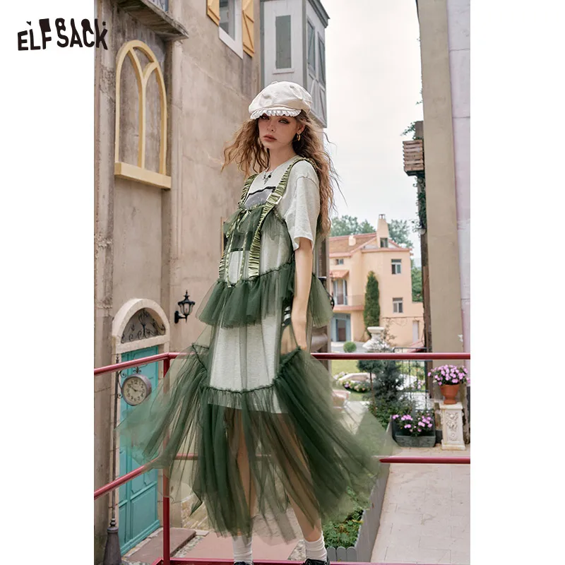 ELFSACK 2025夏新作 スイートクールプリンセスドレスセット メッシュスプライシングプリントTシャツ レディースロングドレス ツーピース