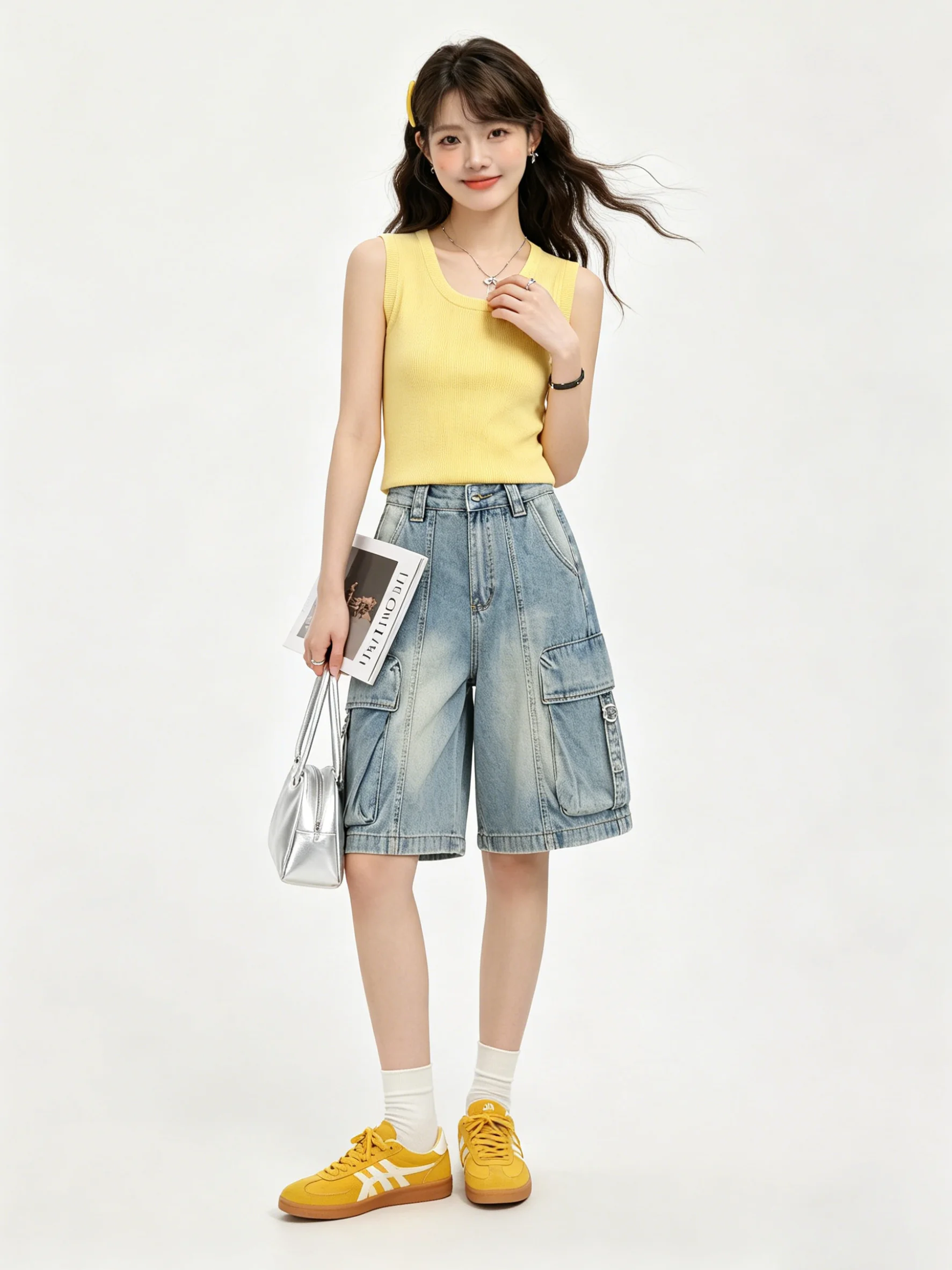 

Light Blue Washed Korean Style Vintage Workwear Denim Wide Leg Pants Women Summer Loose Slimming Versatile Design Five-Quarte...