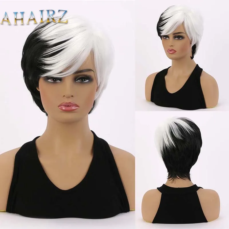 

Synthetic Short White Gradient Black Curly Wigs with Bangs Soft Mommy Hair Daily Use for Women Costume Party Fake Hair