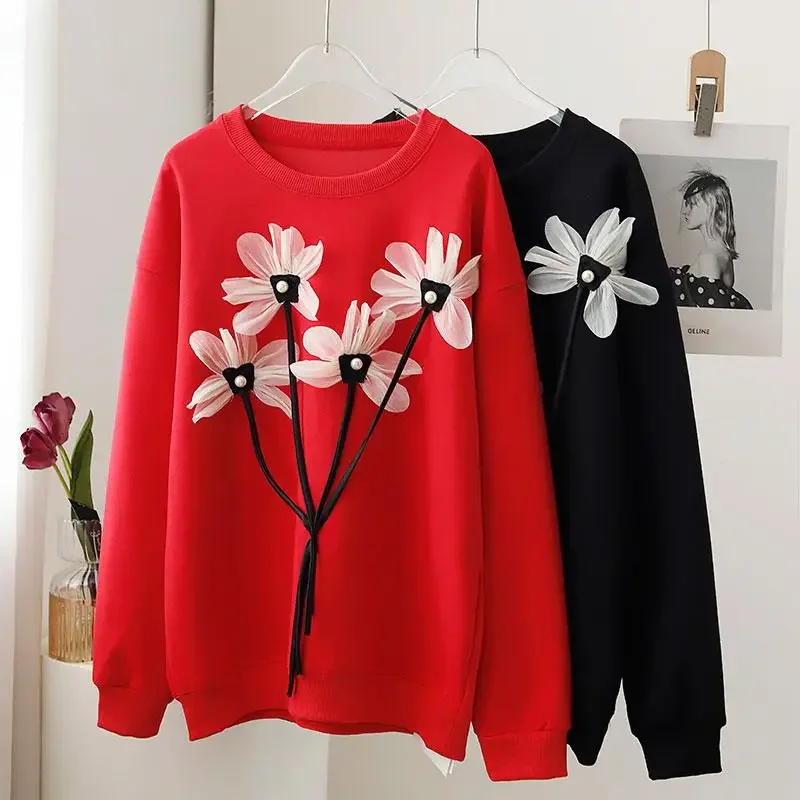 

DIMANAF 2024 New Plus Size Women Hoodies Sweatshirts Cotton Long Sleeve Loose Casual Flower Tops Shirt Pullover Clothing