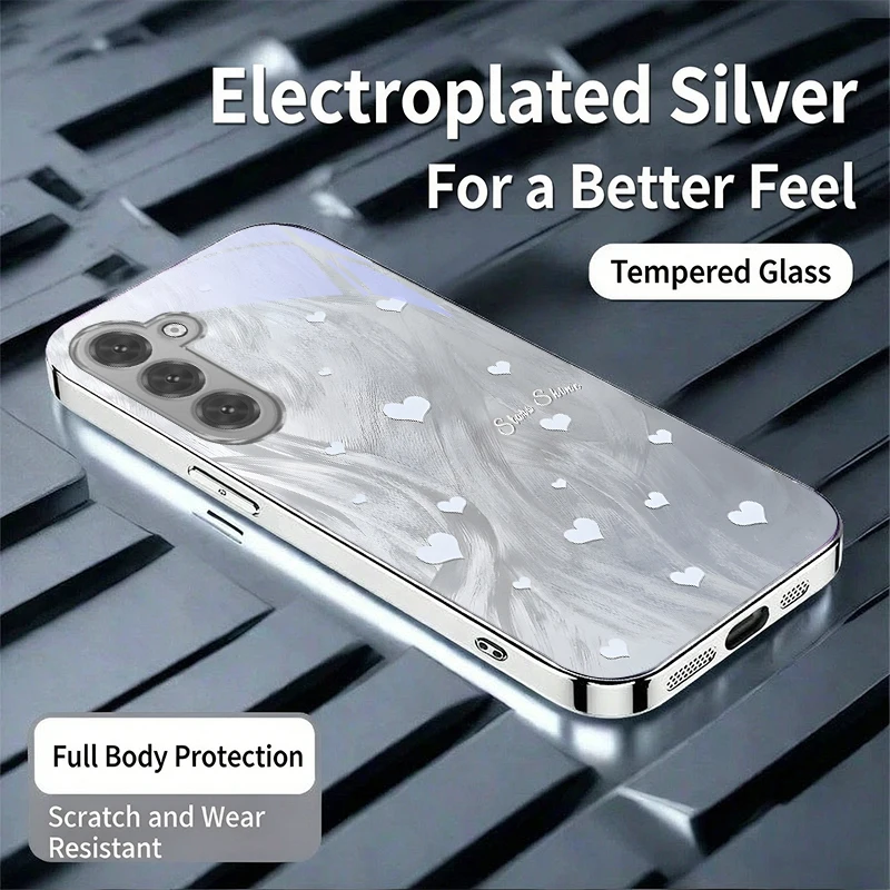 Silver Grey Silk Clover For Samsung S24 Ultra S21 S22 FE S23 Plus S20 S25 S26 Note 10 20 Silvery Glass Electroplated Phone Case