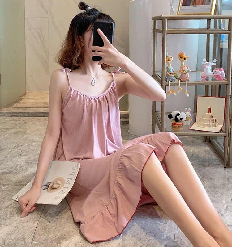 

Summer Thin Cotton Chemise Women's Nightgown Strap Pure Color Sexy Sweet Home Clothes Sleepwear Midi Skirt round Neck Polyester