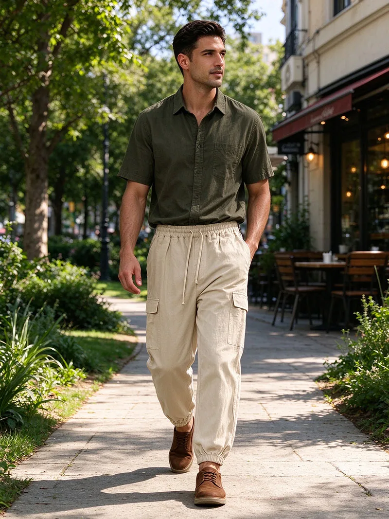 Herren Baumwoll-Leinen-Mischung Cargo Jogginghose mit Elastischem Bund, Kordelzug und Mehreren Taschen, Lässige Atmungsaktive Streetwear-Hose für Männer – Detail 12