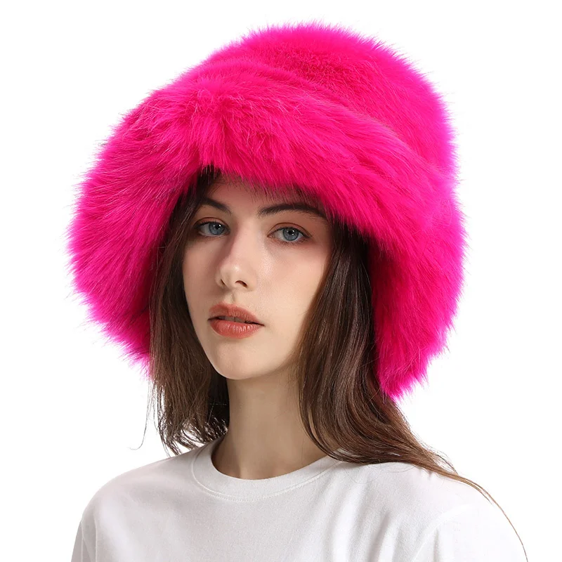 Winter Hat for Women Faux Fur Fluffy Bucket Hat for Women Luxury Plush Hat Thicken Snow Oversized Fur Bucket Hat Soft Panama Cap