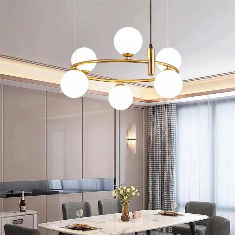 Imagem -04 - Nordic Creative Pendant Lights Moderno Leite Branco Vidro Bola Lustres Altura Ajustável Dourado Preto Metal Lâmpada Pendurada Lâmpada g9