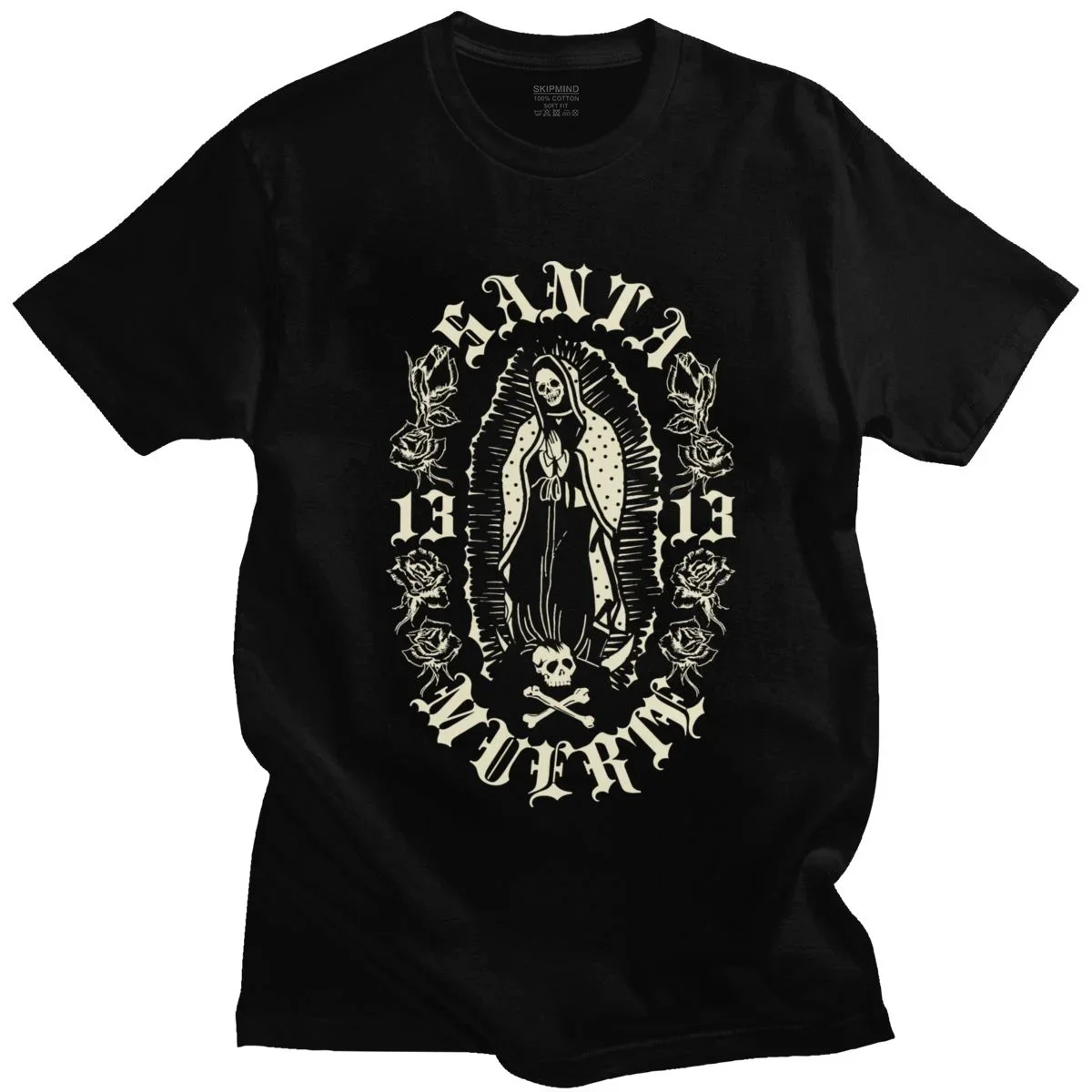 Classic Gothic Santa Muerte 13 Tshirt Men  Lady of Holy Death Shirt Mexican Skull Tee Short Sleeve Streetwear Hip Hop Tee Shirt