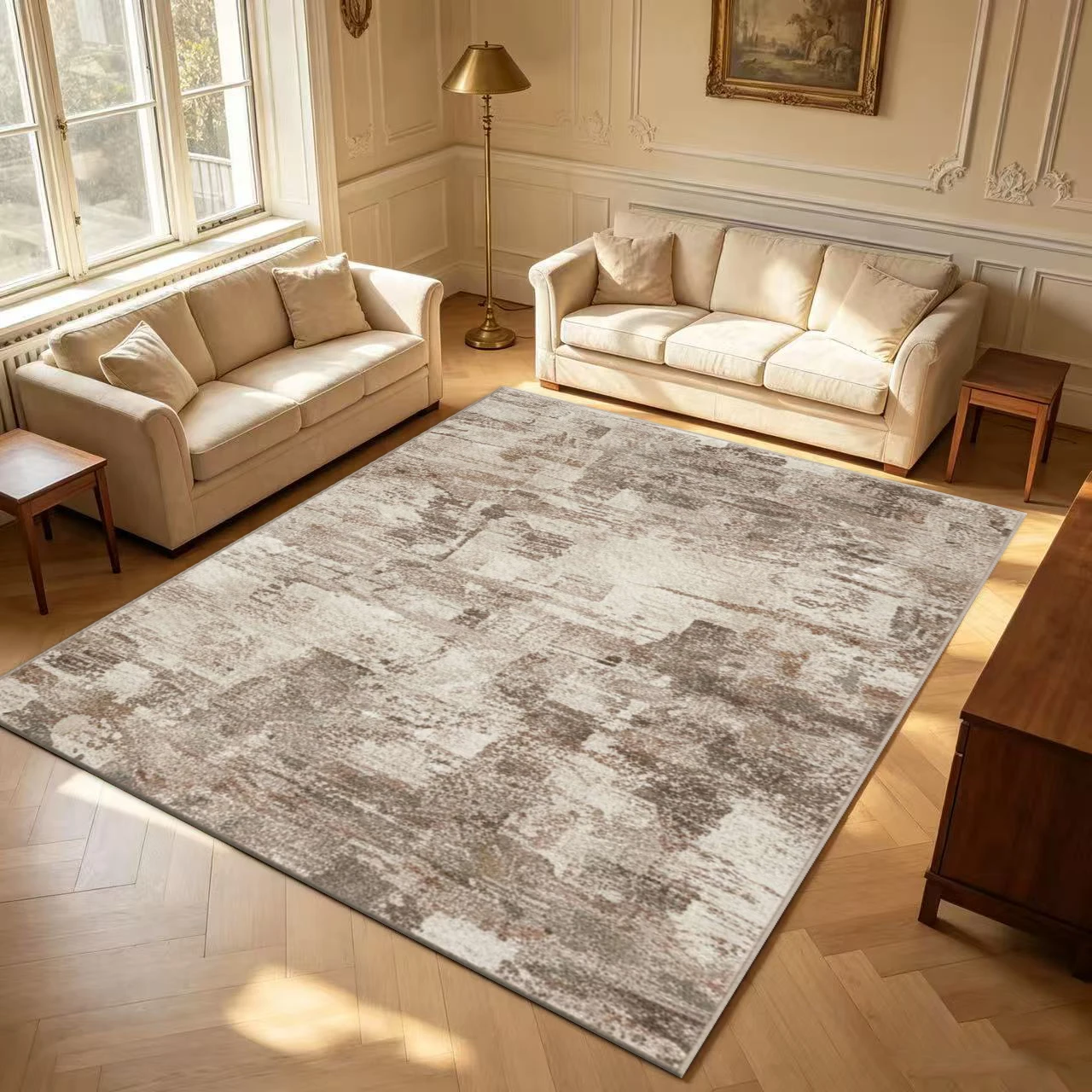 Neutral Beige Brown Abstract Pattern Carpet Floor Modern Distressed Non-Slip Carpet Suitable for Living Room Bedroom Home Decoration