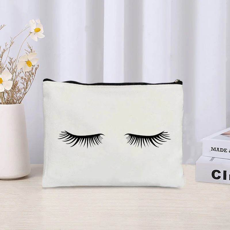 Charming Eyelashes Makeup Canvas Pouch for Ladies Portable Lipstick Air Cushion Bag Travel Toilet Kits Trendy Cosmetic Clutch