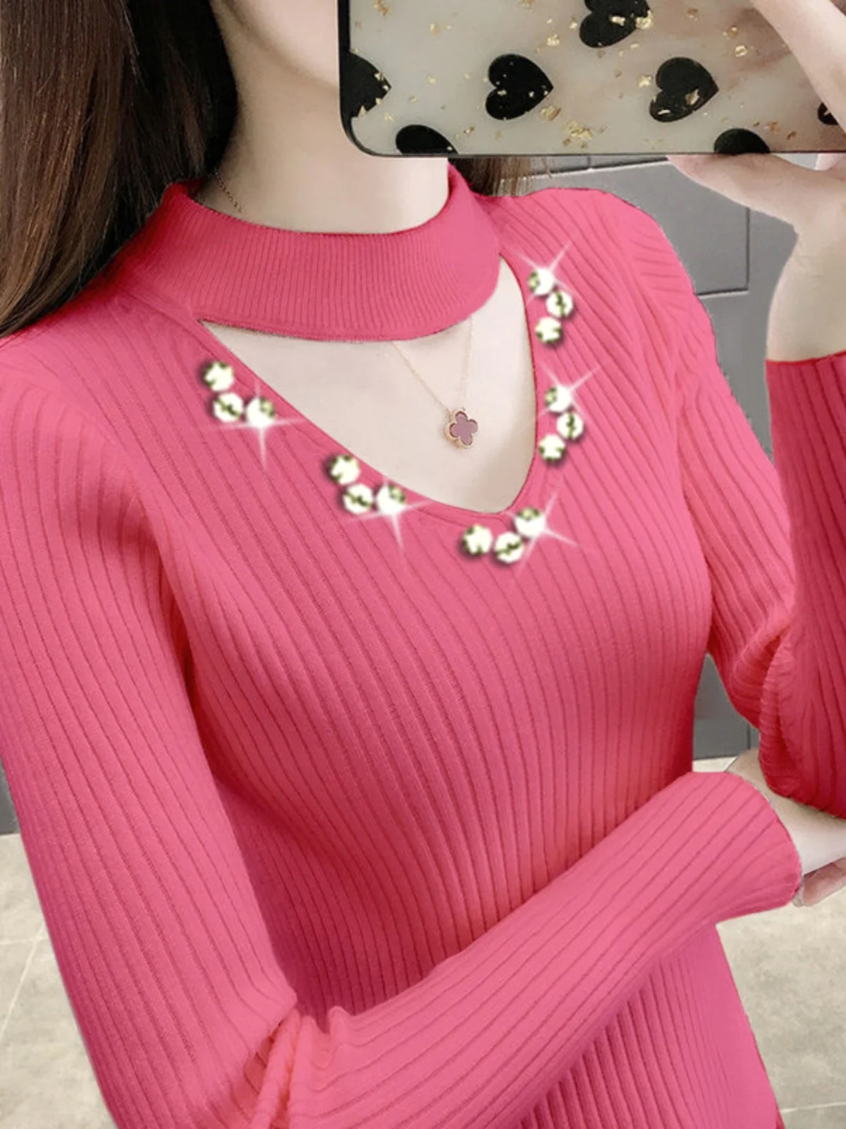 Slim Fit lavorato a maglia lungo Sve V-Ne Base irt Crew da donna Ne Hollow out Bead maglione impreziosito Primavera 2025 Sle coreano