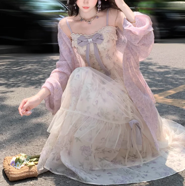 ربيع الخريف حجم كبير المرأة الفرنسية الرجعية الأميرة الحمالة فستان ساحة الرقبة الصناعة الثقيلة الحلو القوس الأزهار لوليتا فساتين #5