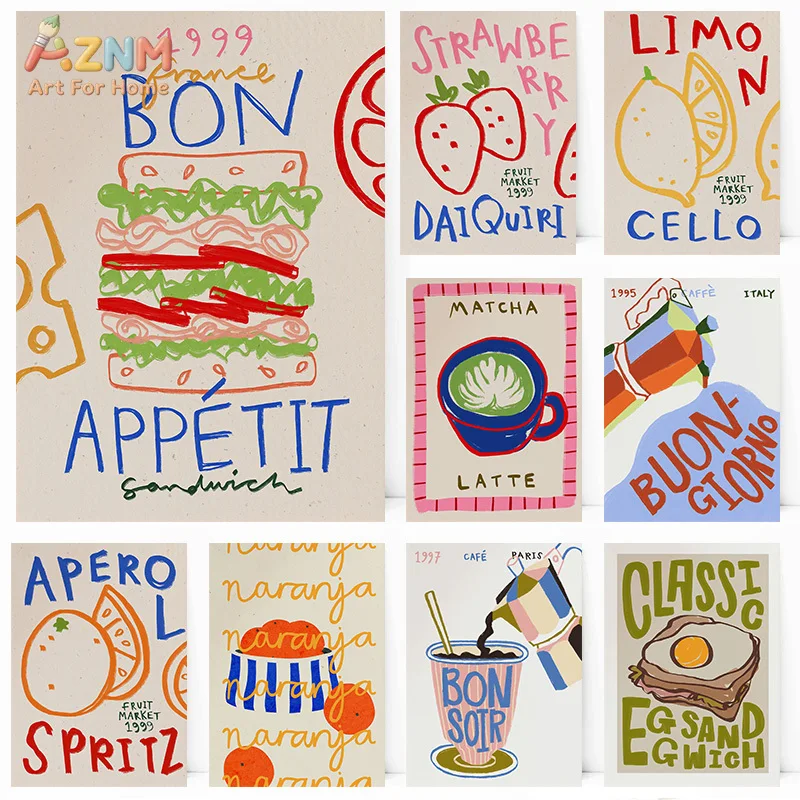 AZNM Bon Appetit Food Canvas Wall Art Retro Hand Drawn Sandwich Coffee Fruit Print Kitchen Cafe Modern Decor Unframed