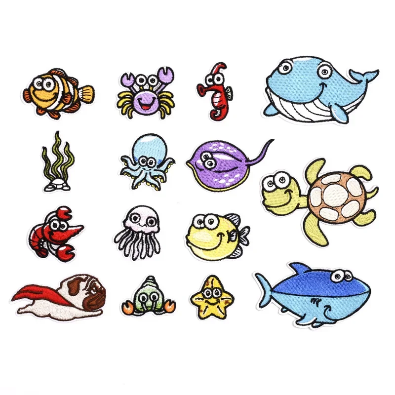 

50pcs/Lot Embroidery Patch Sea Animals Starfish Tortoise Whale Crab Seahorse Jellyfish Shark Clothing Decoration Iron Applique