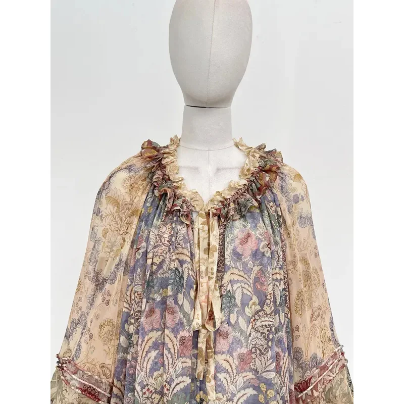 2025 신상 패션 브라운 바이올렛 플로럴 프린트 긴팔 블라우스 탑