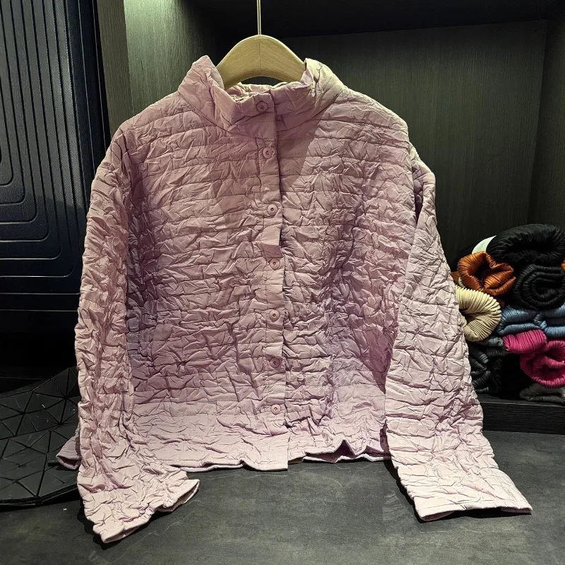Miyake Pleated Jacket Design Sense Pure Color Simple Stand-up Collar Single-breasted Jacket 2025 Winter New Loose Thin Warm Tops