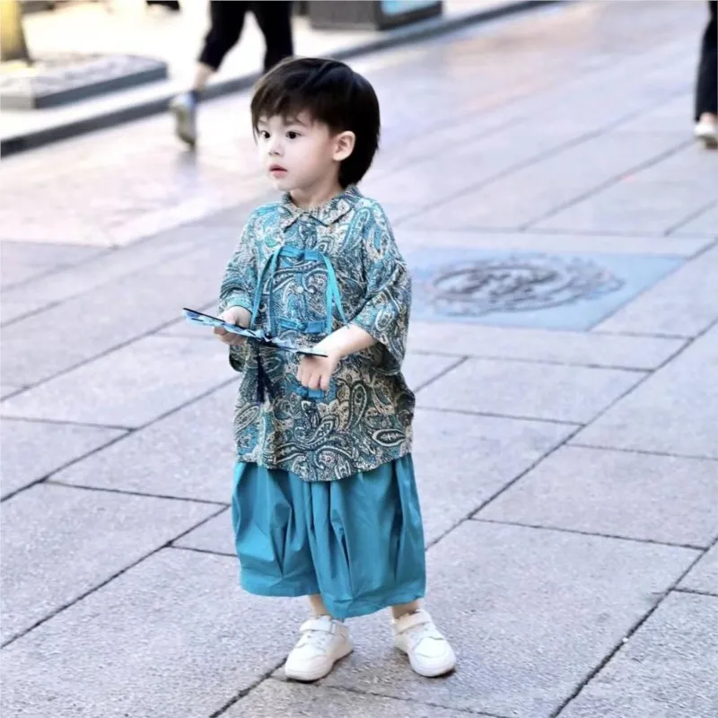 2026 Children's Chinese style Top and Pants Clothing Set Boys' New Casual Buckle Top Shirt 2-Piece Set Kids' Clothing Set LJ708