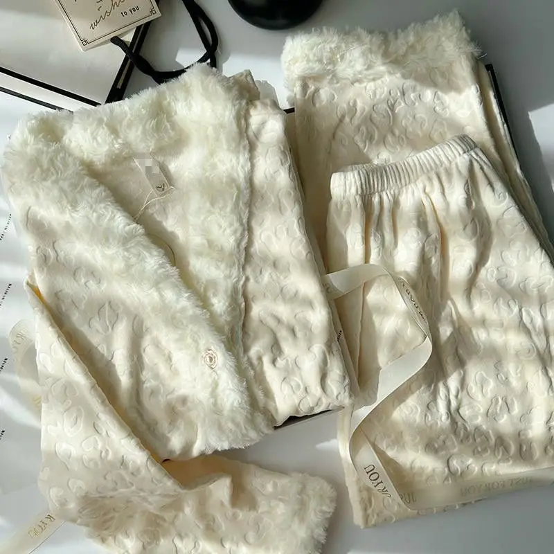 

Бархатный пижамный костюм Green Island, женский теплый леопардовый топ, брюки, теплая одежда для сна с v-образным вырезом, домашняя одежда, ночная рубашка, коралловый флис, пижамы