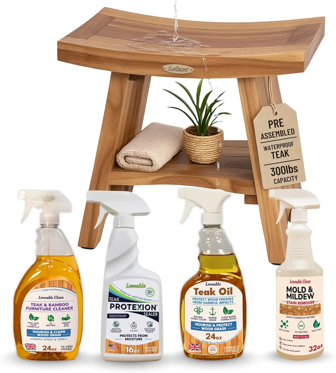 

Serenity Teak Wood Shower Bench, 18", Fully Assembled + 4 Pack Teak Care Bundle
