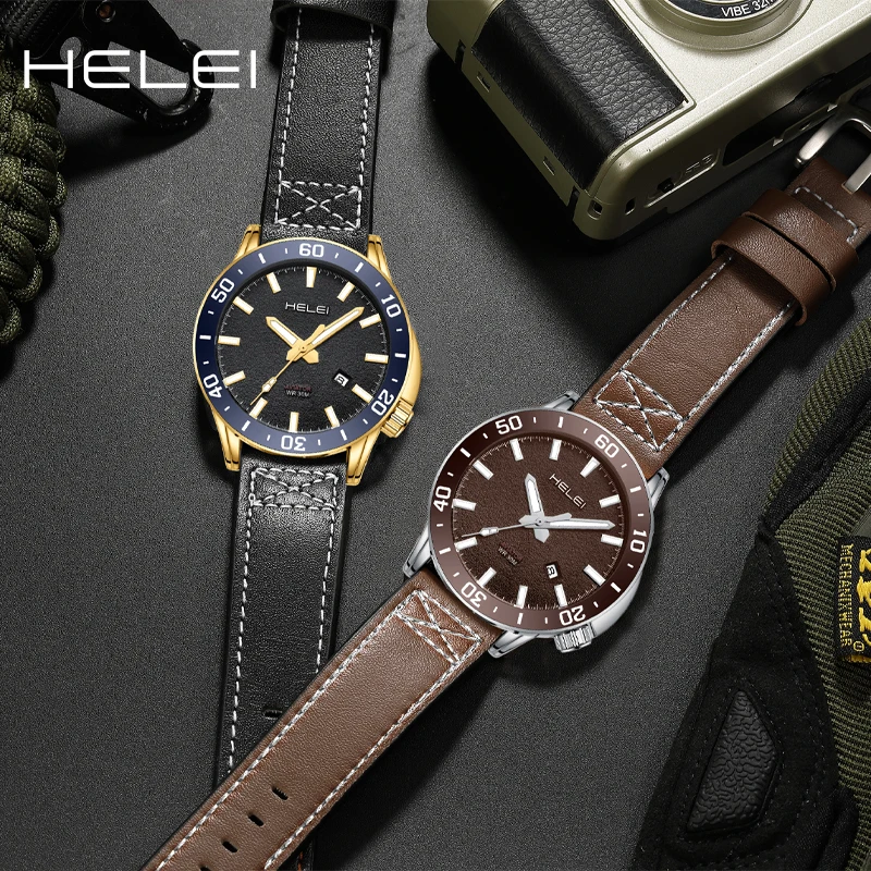 HELEI Fashion new sports casual quartz watch date genuine leather luminous strap men\'s wristwatch