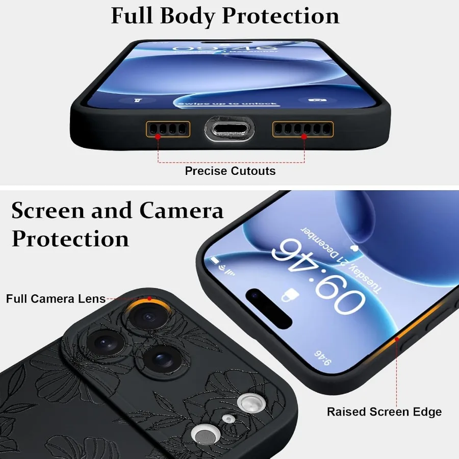 تصميم مطبوع بنمط زهور سوداء، عدسة كاميرا كاملة ناعمة من مادة TPU مضادة للسقوط ومضادة للخدش ومضادة للصدمات