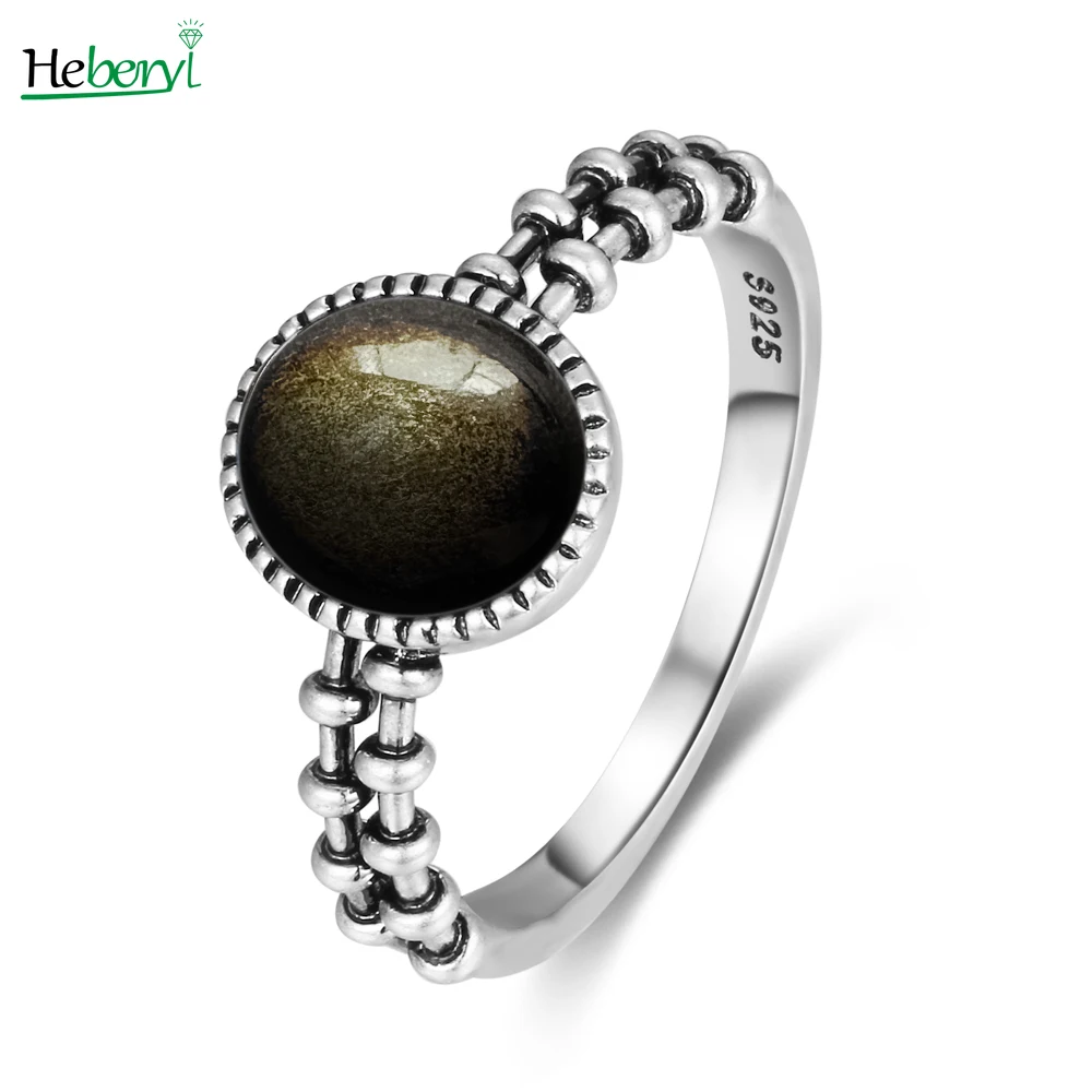 

Винтажное кольцо из стерлингового серебра S925, овальное круглое кольцо с натуральным обсидианом, кольцо в форме солнца и цветка, ювелирные изделия в стиле ретро для женщин и мужчин