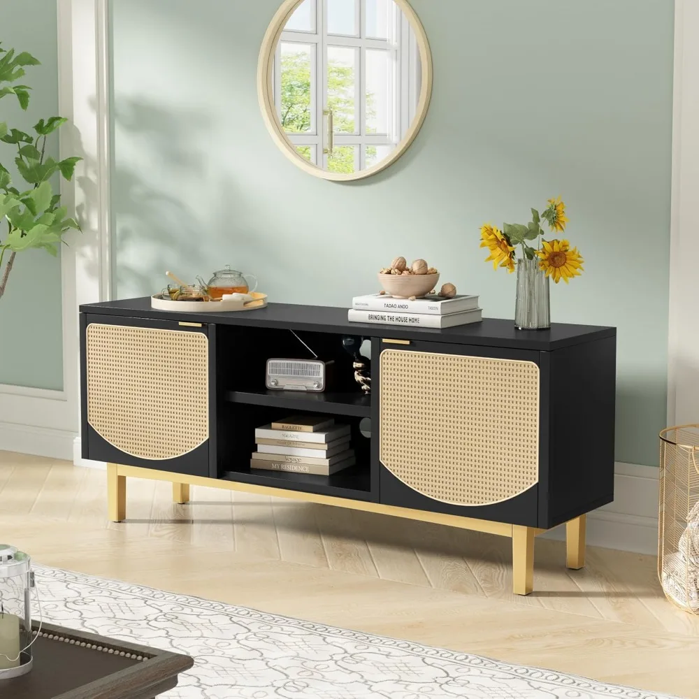 

58”Rattan TV Stand, Mid Century Modern TV Stand for 55/60/65 inch TV, Boho TV Console, Entertainment Center with Storage