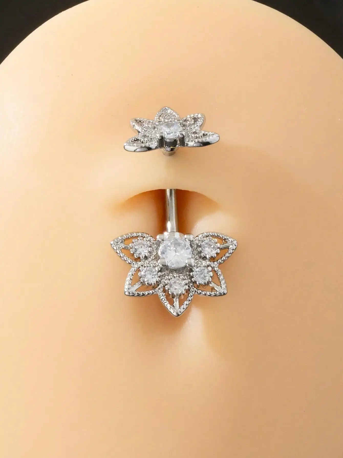 2024 Fashion Casual multi-micro-inlaid zircon flower-shaped long navel nail women's body piercing jewelry