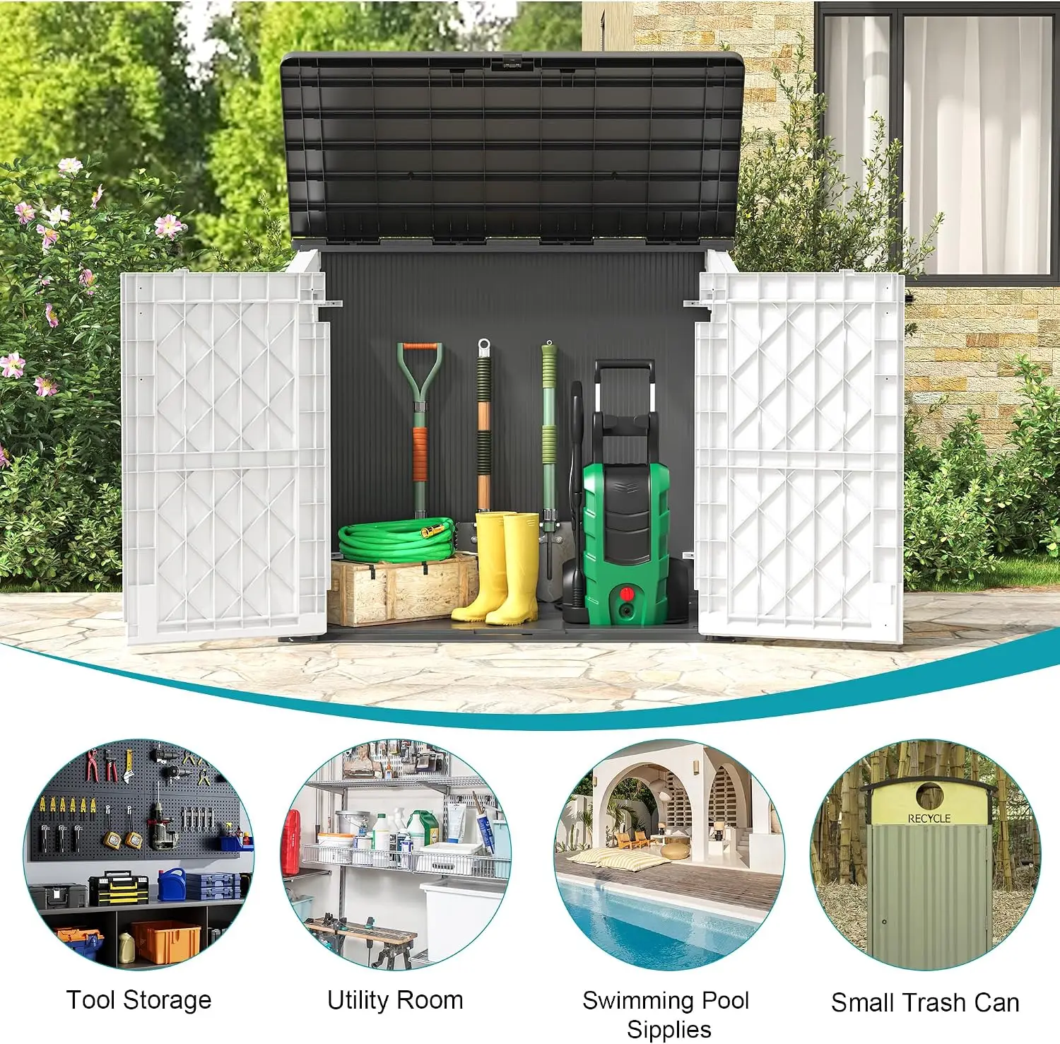 Armário de Armazenamento Horizontal Externo com Portas Duplas com Fechadura, Caixa de Armazenamento Portátil à Prova d'Água, Galpão de Armazenamento de Resina Plástica Resistente para Quintal, Jardim, Deck, Quintal, Preto