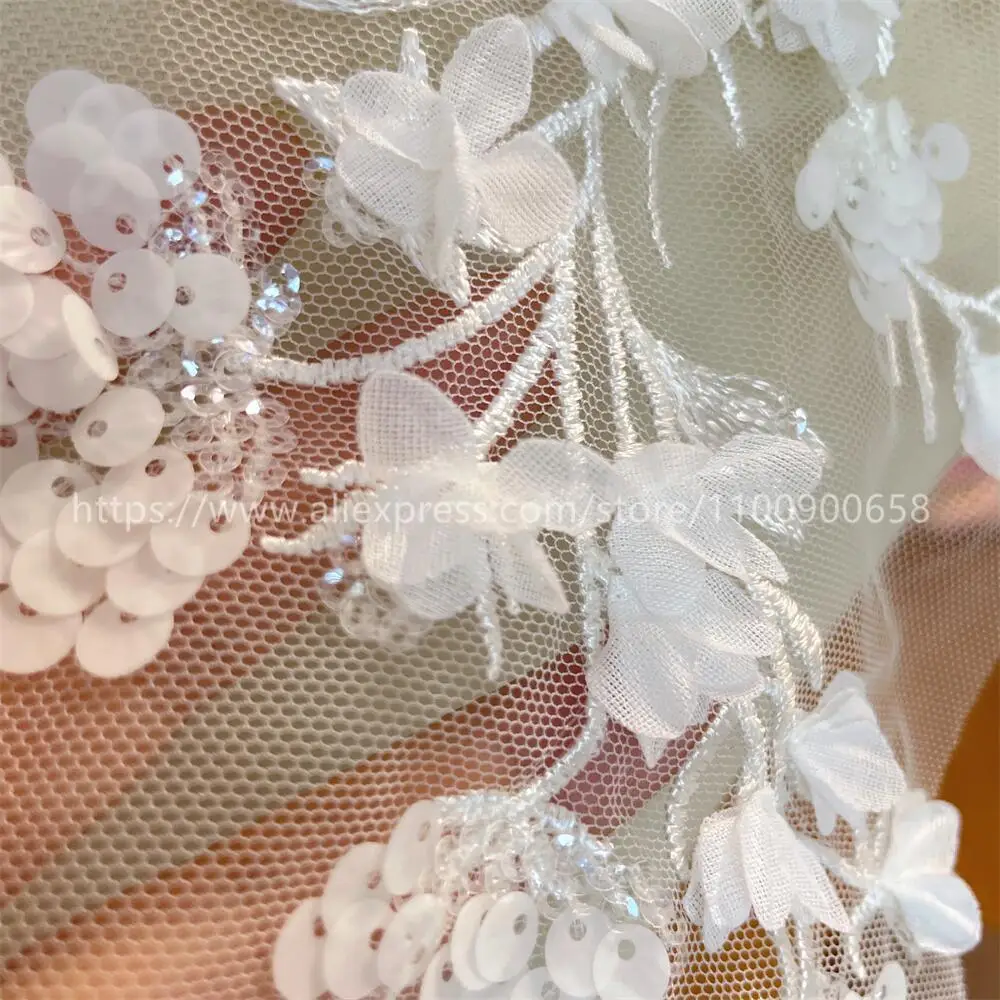 3D-Perlen-Spitzenapplikation für Hochzeitskleid-Dekoration, Pailletten-Chiffon-Spitze, Spiegelblumen, DIY-Accessoires, Weiß – Detail 2