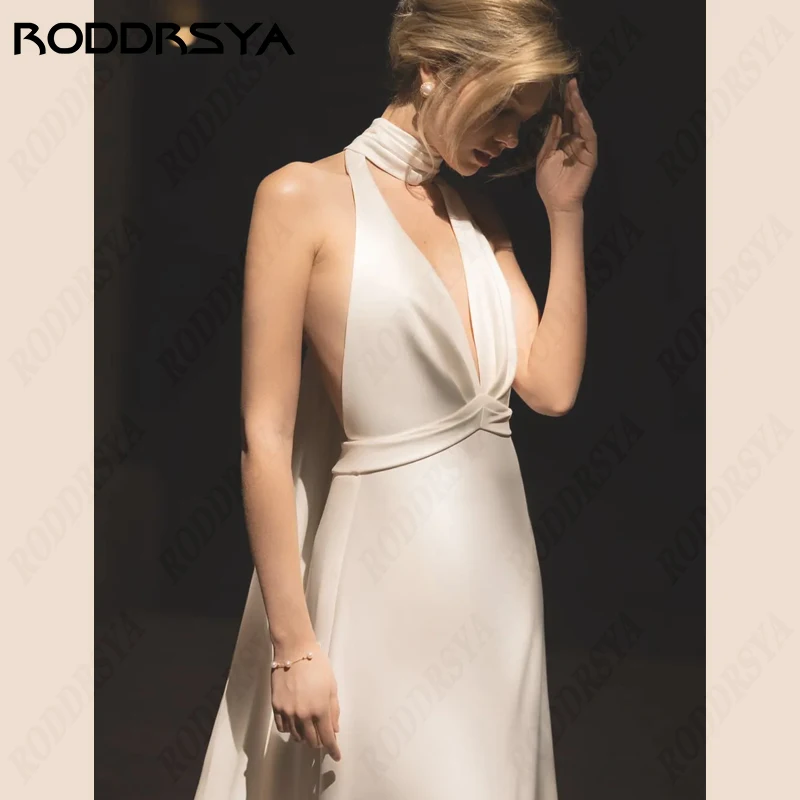 RODDRSYA Halter abiti da sposa sirena Spaghetti Strap Vestido De Noiva Deep v-neck Bride Party Soft Satin Backless abito da sposa Halter abiti da sposa sirena Spaghetti Strap Vestido De Noiva Deep v-neck Bride Party So