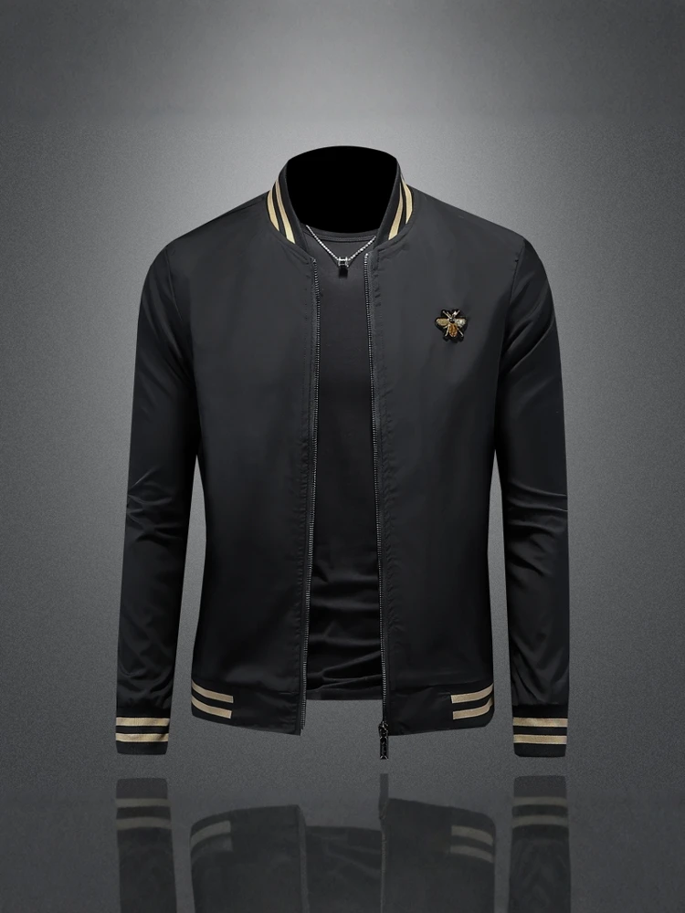 

Spring Fashion Slim Fit Casual Jacket for Men with Embroidery Bee Collar Large Size Polyester Fiber Long Sleeve Urban Style
