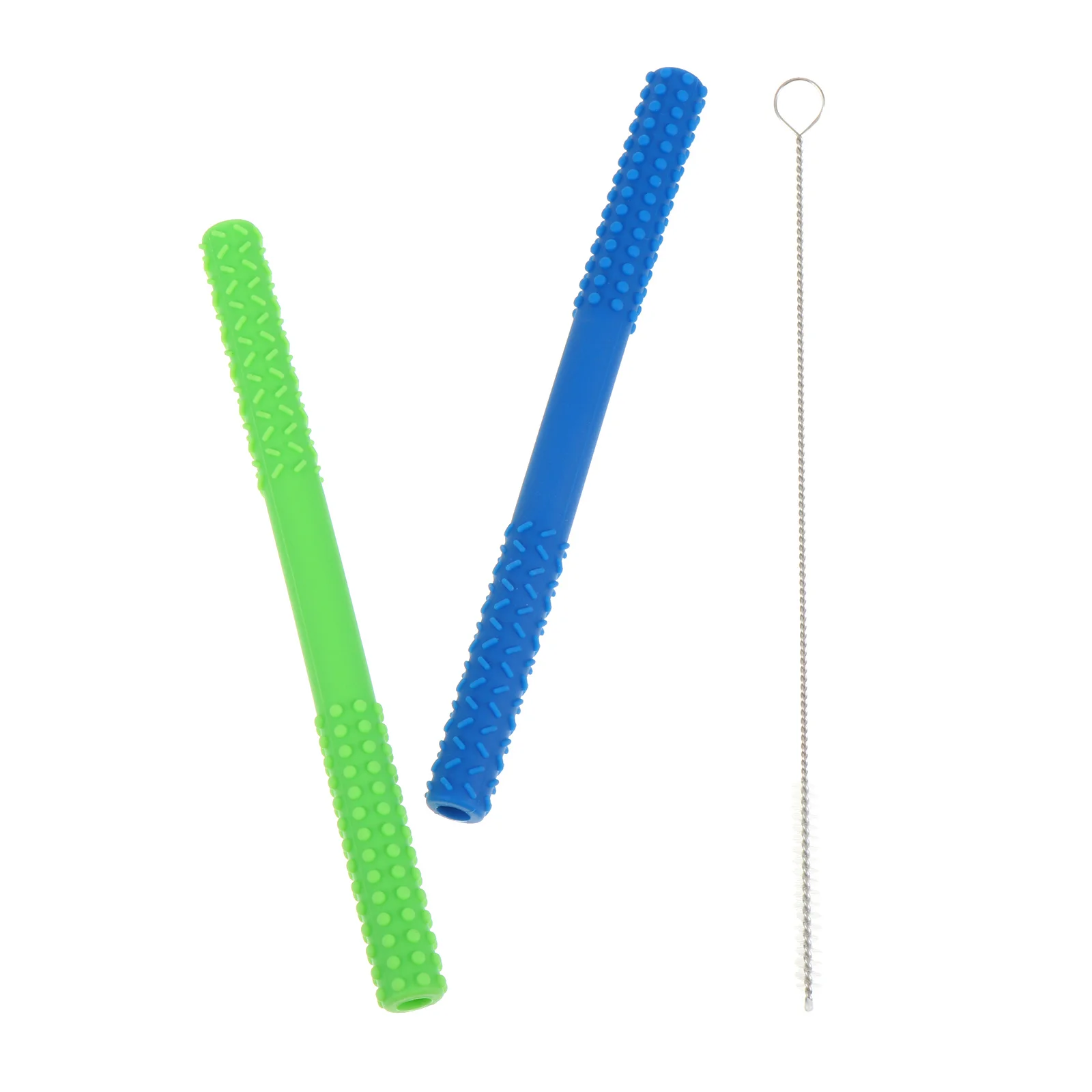 

3 шт., силиконовые прорезыватели для младенцев, полые мягкие детские молярные рельефные жевательные трубки, удобная ручка, безопасная чистящая щетка для пищевых продуктов в комплекте