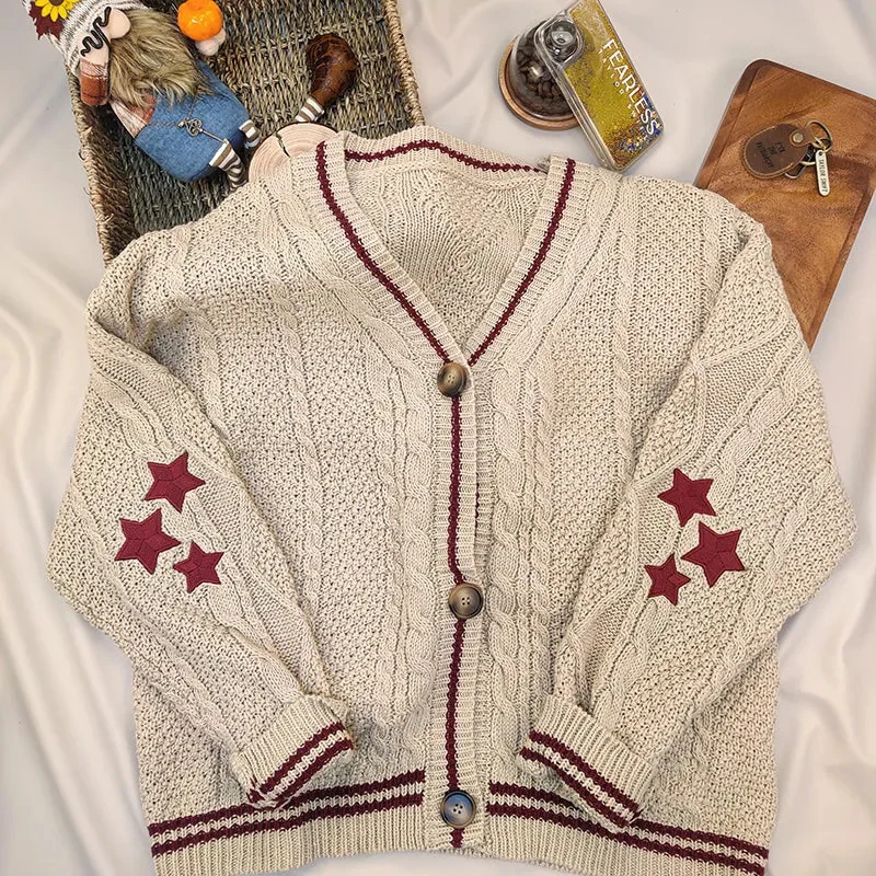 Szykowny kardigan z dzianiny Vintage Star Print Preppy Cute Button Up V Neck Long Sleeve Coat 2023 Autumn Y2K Aesthetics Retro Sweater