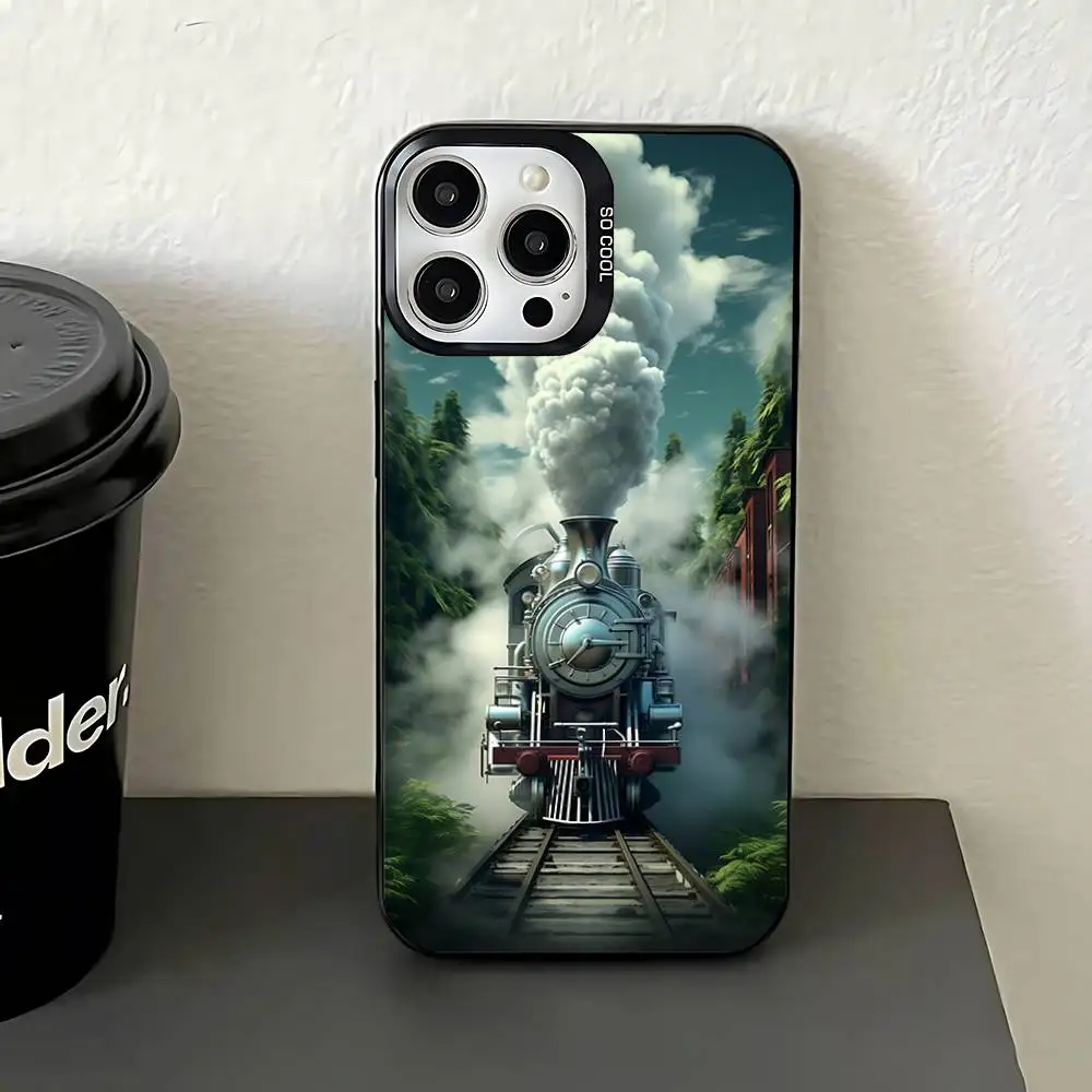 حافظة هاتف كلاسيكية على شكل قطار بخاري لهاتف آيفون 17,16,15,14,13,12,11,Pro,Max,Plus,E,Air,Mini غطاء من البولي يوريثان الأسود