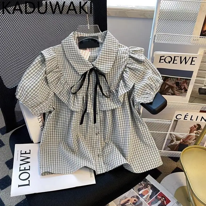 

Bow Lace Up Peter Pan Collar Crop Top Sweet Ruffles Puff Short Sleeve Casual Shirts Single Breasted Vintage Plaid Summer Blusa