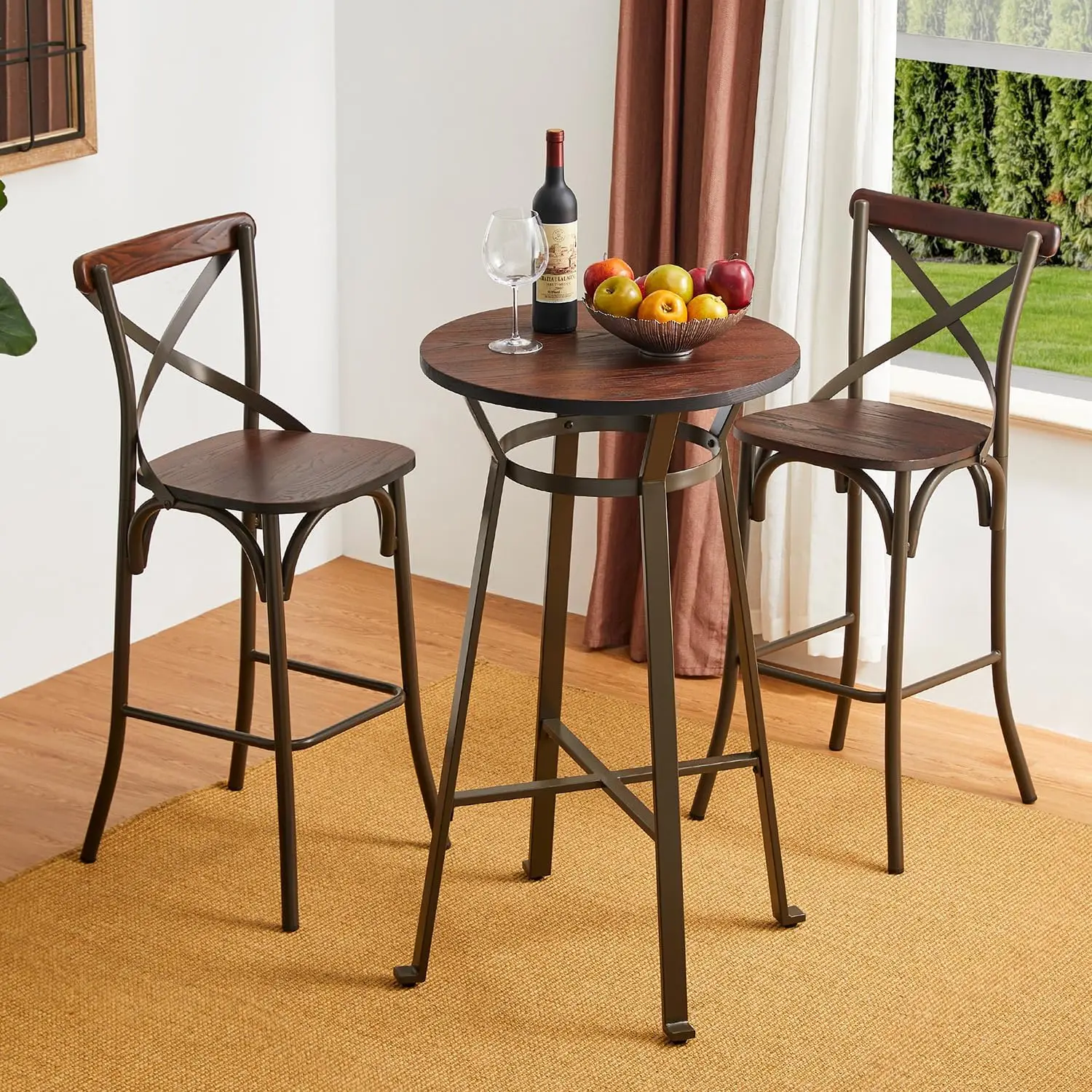 

3 Pieces Rustic Steel Round Bar Table And Bar Stools With High Backest Set Dining Table And Chairs Set