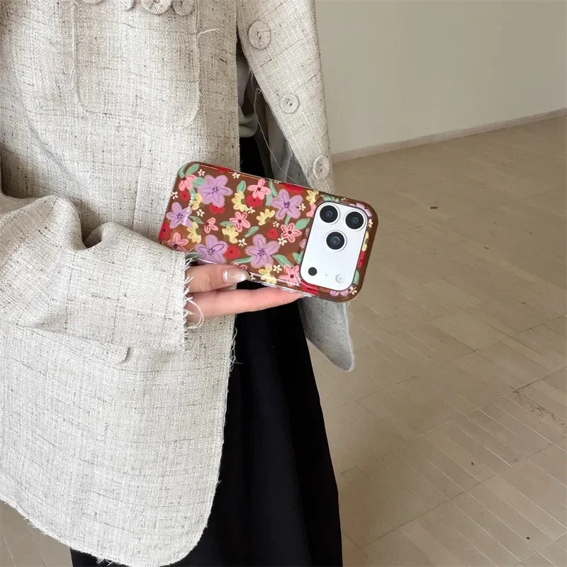 Double Layered Retro Brown Base Oil Painting With Flowers Phone Case For iPhone 17 Air 16 15 14 Pro Max 13 Anti Scratch Ins Y2K