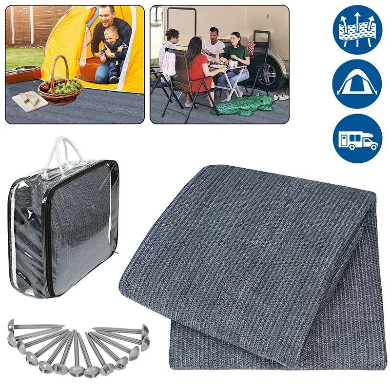 1 Set RV Awning Carpet Camping Carpet Mat Breathable Floor Mat Mesh+13 Ground Nails For Camping Tent Floor Caravan HDPE 2.5x3m