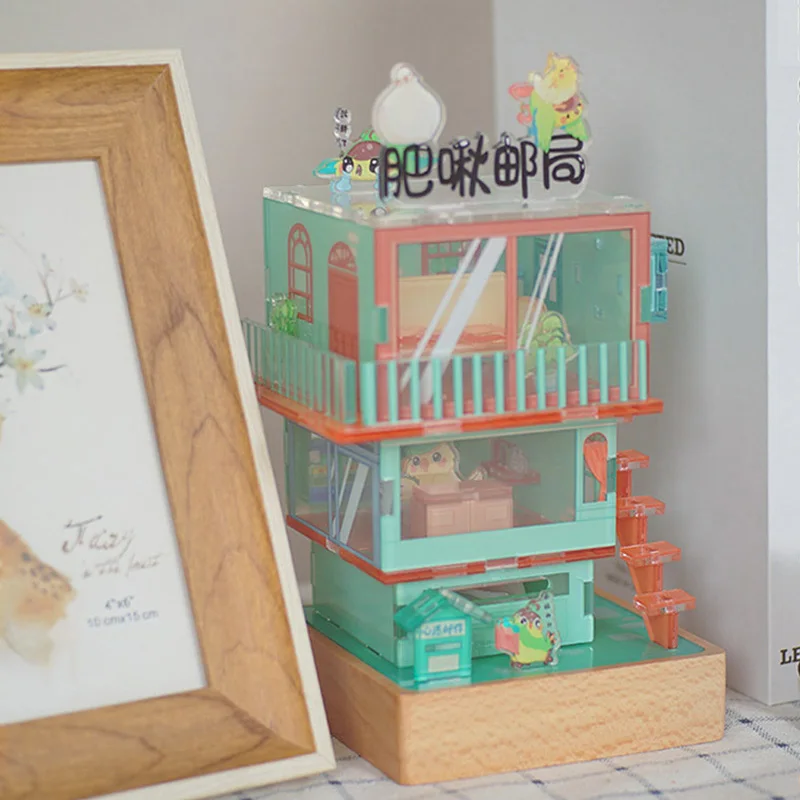 

New Post Office Cat Cafe Dollhouse 3D Acrylic Puzzle DIY Assemble Smart Voice Night Light Children Girl Adult Toys Gift Casa