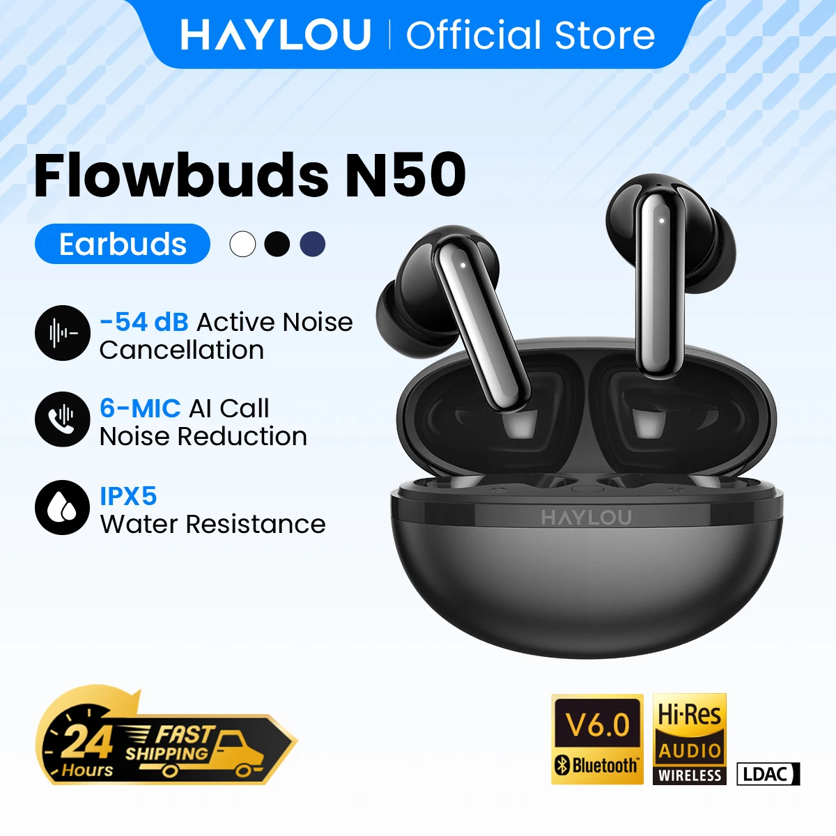 HAYLOU Flowbuds N50 ANC Bluetooth 6.0 Wireless Earphones Active Noise Cancellation 6 Mics AI Claer Call Earbuds 32H Playtime